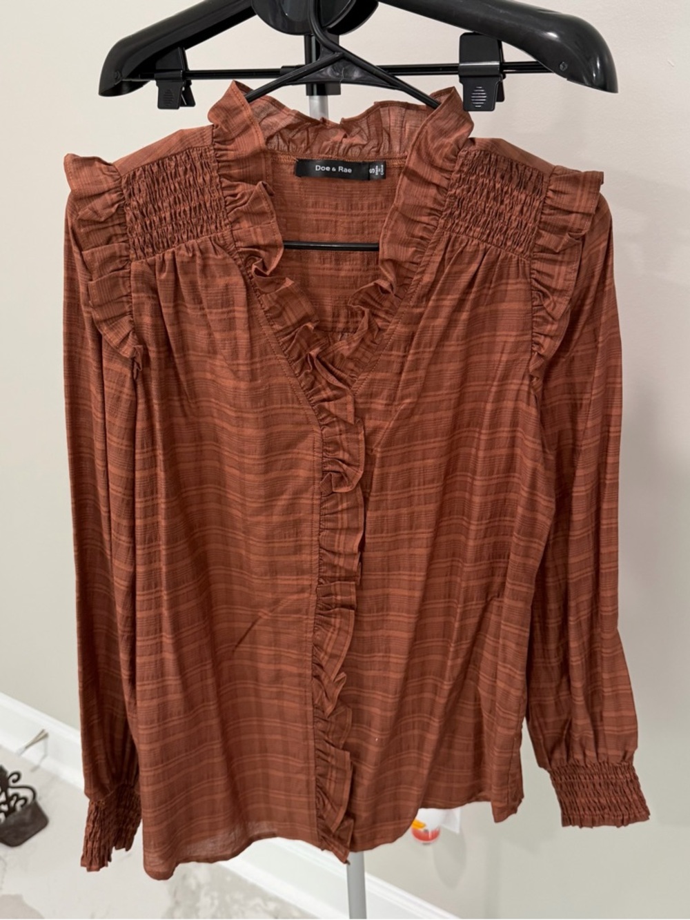 Doe & Rae Rust Ruffle V-Neck Blouse with Smocked Shoulders